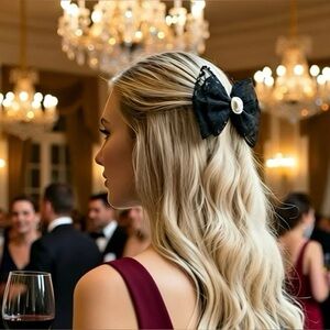 Elegant Black Lace Hair Clip with Pearl Rhinestone , NWOT / Handmade